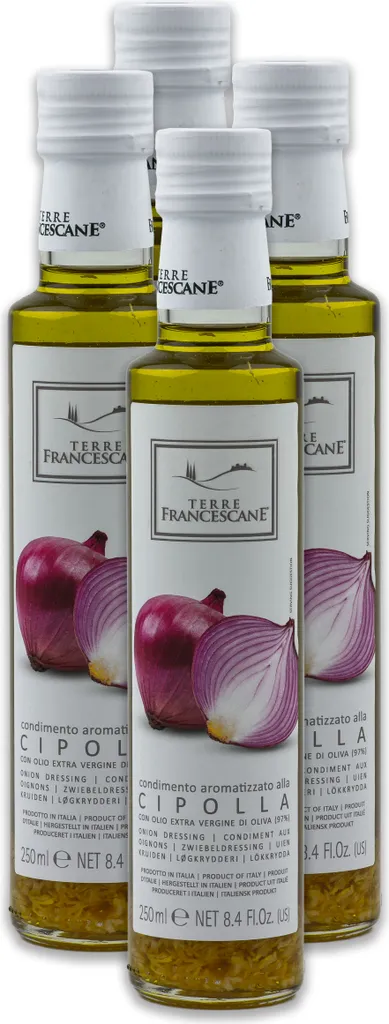 Food-United Cipolla-Öl 4x 250ml von TERRE FRANCESCANE Extra Natives Olivenöl mit Cipolla-Aroma Premium-Dressing-Öl aus Italien für Feinschmecker-innen und mediterrane Küche