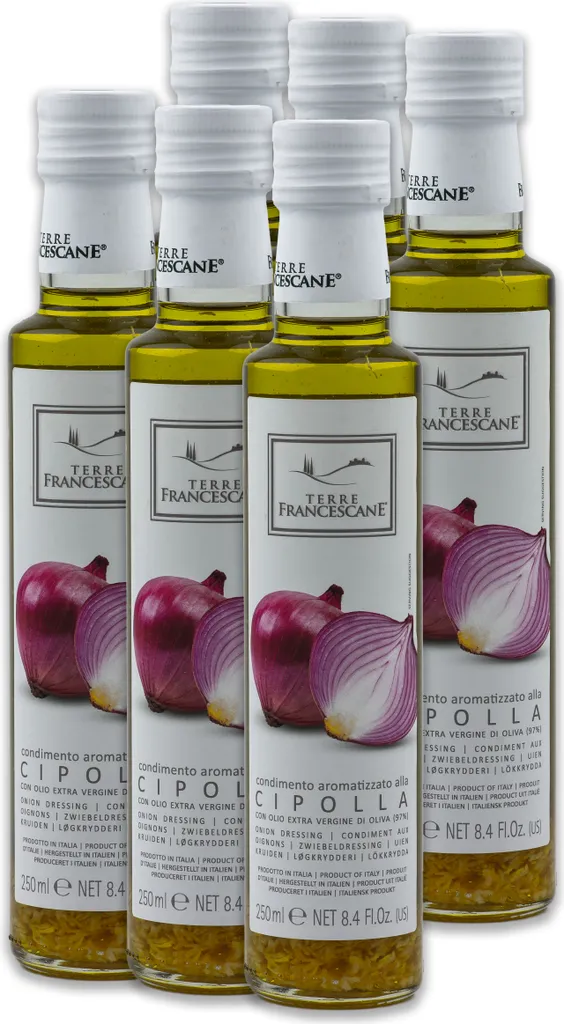 Food-United Cipolla-Öl 6x 250ml von TERRE FRANCESCANE Extra Natives Olivenöl mit Cipolla-Aroma Premium-Dressing-Öl aus Italien für Feinschmecker-innen und mediterrane Küche