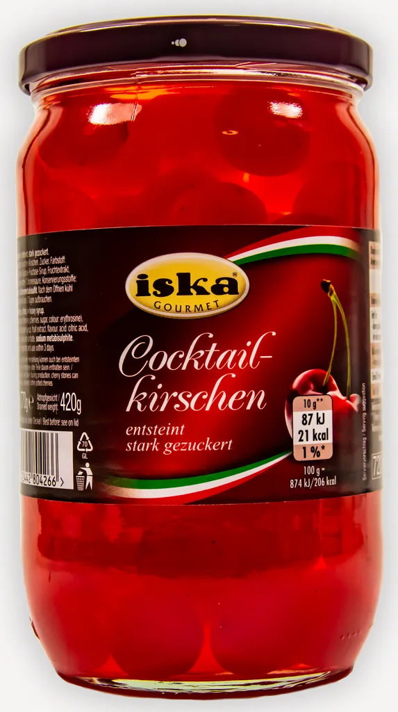 Food-United Red Pitted Cocktail Cherries without Stems 1 Jar 770g ATG 420g