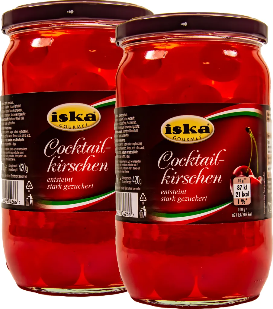 Food-United Red Pitted Cocktail Cherries without Stems 2 Jars 770g ATG 420g