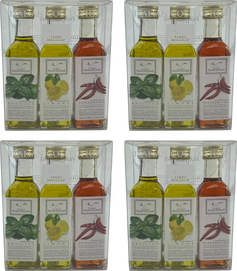 Food-United DRESSING-OLIVENÖL Fläschchen Geschenk-Set 12x 100ml, ITALIAN COLLECTION, italienisches Olivenöl extra nativ kaltgepresst mit nur 0,8 % Säure, von TERRE FRANCESCANE, Basilikum Zitrone Chili