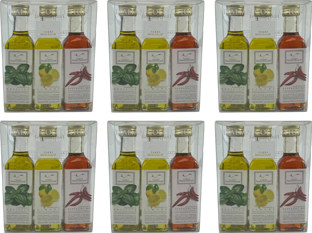 Food-United DRESSING-OLIVENÖL Fläschchen Geschenk-Set 18x 100ml, ITALIAN COLLECTION, italienisches Olivenöl extra nativ kaltgepresst mit nur 0,8 % Säure, von TERRE FRANCESCANE, Basilikum Zitrone Chili