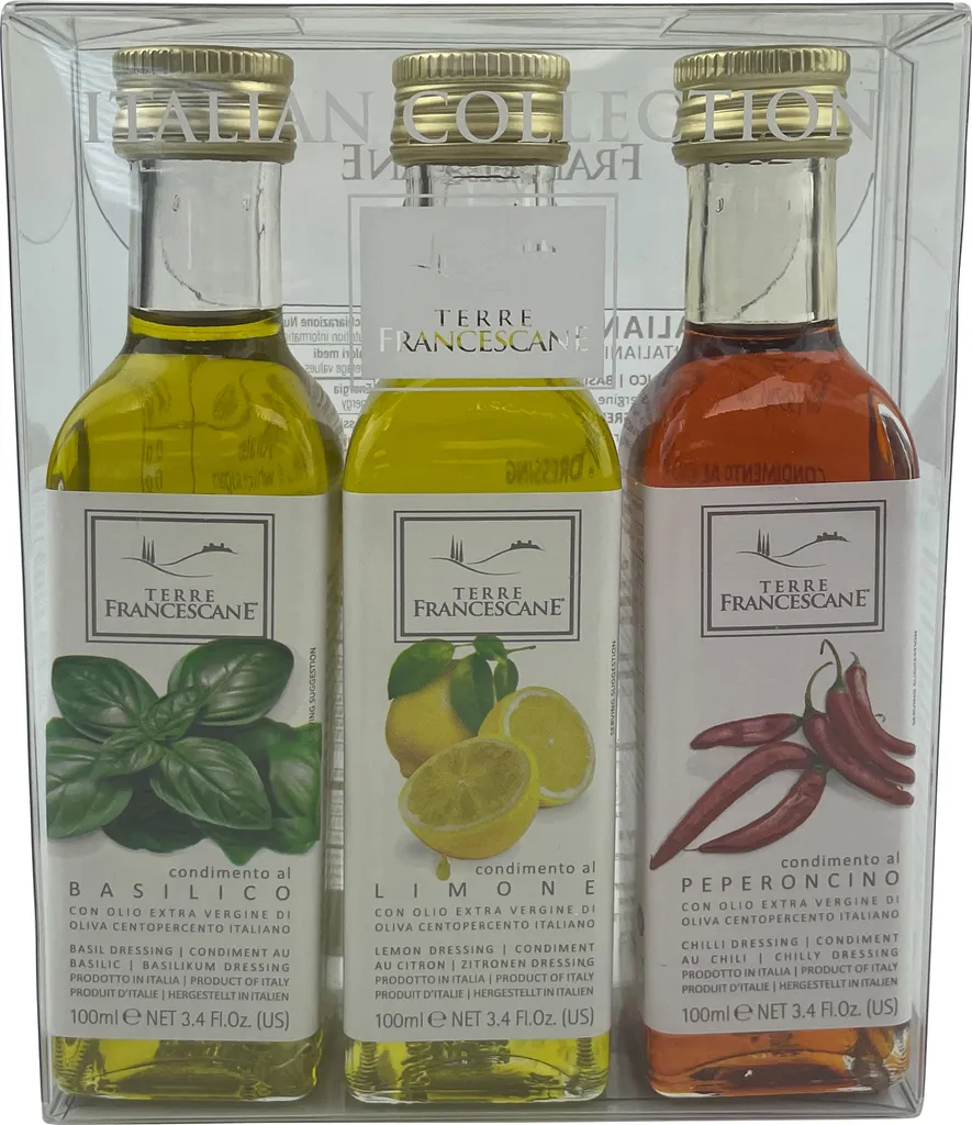 Food-United DRESSING-OLIVENÖL Fläschchen Geschenk-Set 3x 100ml, ITALIAN COLLECTION, italienisches Olivenöl extra nativ kaltgepresst mit nur 0,8 % Säure, von TERRE FRANCESCANE, Basilikum Zitrone Chili