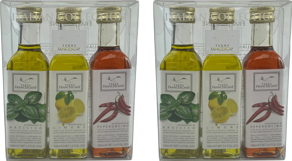 Food-United DRESSING-OLIVENÖL Fläschchen Geschenk-Set 6x 100ml, ITALIAN COLLECTION, italienisches Olivenöl extra nativ kaltgepresst mit nur 0,8 % Säure, von TERRE FRANCESCANE, Basilikum Zitrone Chili