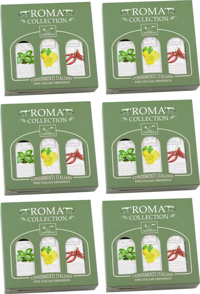 Food-United DRESSING OLIVE OIL Bottle Gift Set 12x 100ml, ROMA COLLECTION, Italian extra virgin cold-pressed olive oil with only 0.8% acidity, from TERRE FRANCESCANE, basil, lemon, chili