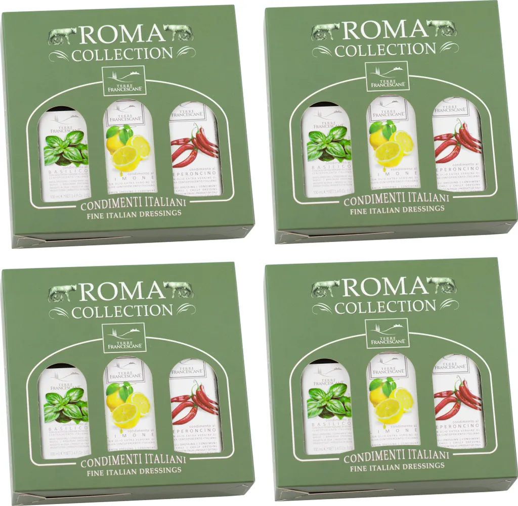 Food-United DRESSING-OLIVENÖL Fläschchen Geschenkset 12x 100ml, ROMA COLLECTION, italienisches Olivenöl extra nativ kaltgepresst mit nur 0,8 % Säure, von TERRE FRANCESCANE, Basilikum Zitrone Chili