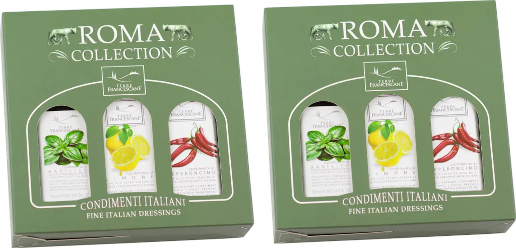 Food-United DRESSING-OLIVENÖL Fläschchen Geschenkset 6x 100ml, ROMA COLLECTION, italienisches Olivenöl extra nativ kaltgepresst mit nur 0,8 % Säure, von TERRE FRANCESCANE, Basilikum Zitrone Chili