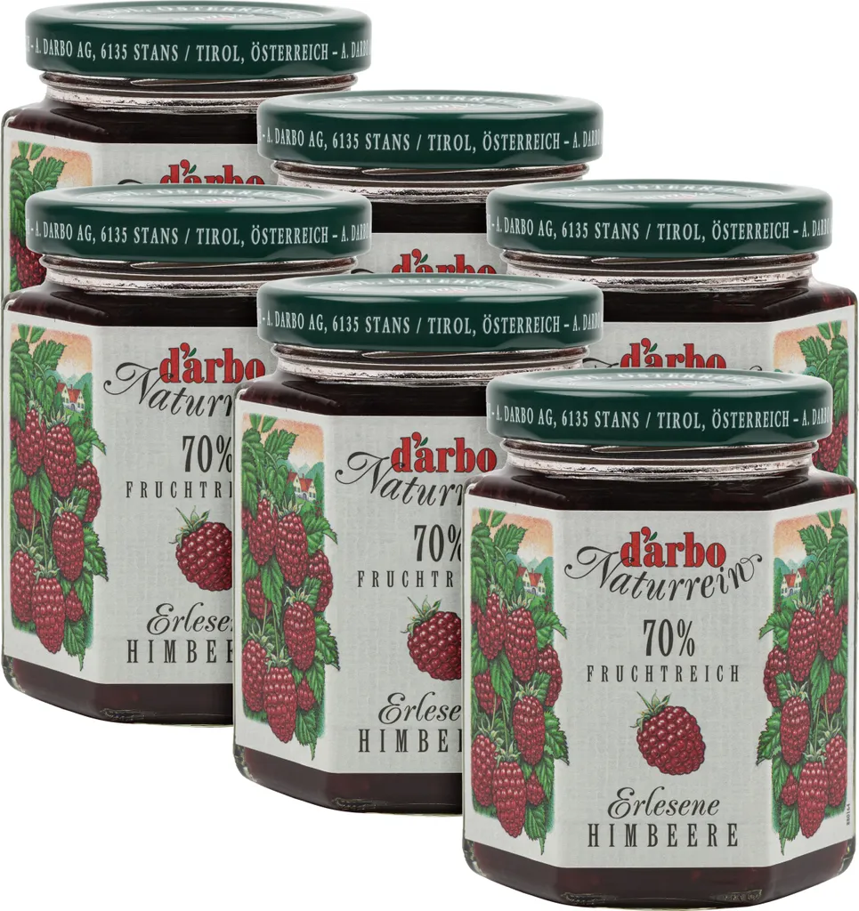 Food-United FRUCHTAUFSTRICH DARBO Himbeer 6x 200g Glas Naturrein mit Kernen fruchtiger fruit spread perfekt für Kuchen Torten Frühstück Brot und Brötchen Gebäck Quark Porridge FüllungenPuddings Eiscreme