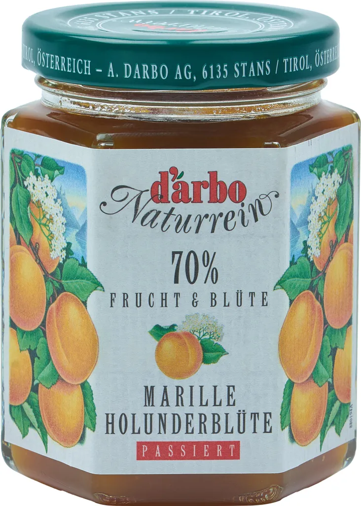 Food-United FRUCHTAUFSTRICH DARBO Marille mit Holunderblüten Extrakt 200g Glas Naturrein Aprikose fruchtiger fruit spread perfekt für Brot und Brötchen Frühstück Kuchen Torten Gebäck Quark Porridge Puddings Eiscremes Füllungen