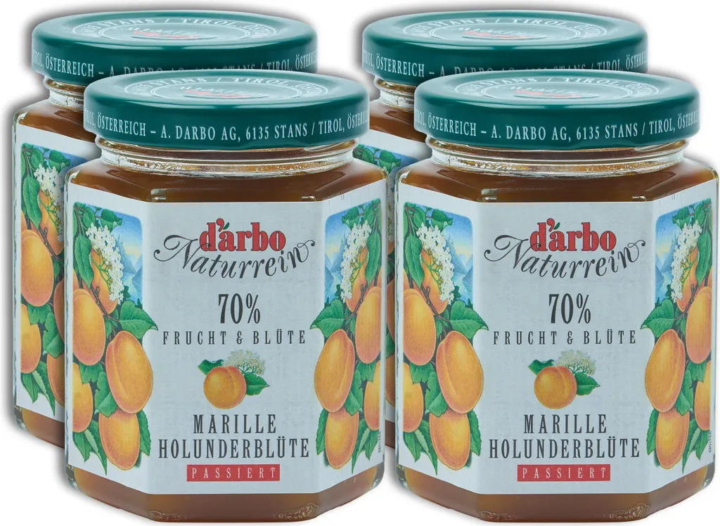 Food-United FRUCHTAUFSTRICH DARBO Marille mit Holunderblüten Extrakt 4x 200g Glas Naturrein Aprikose fruchtiger fruit spread perfekt für Brot und Brötchen Frühstück Kuchen Torten Gebäck Quark Porridge Puddings Eiscremes Füllungen