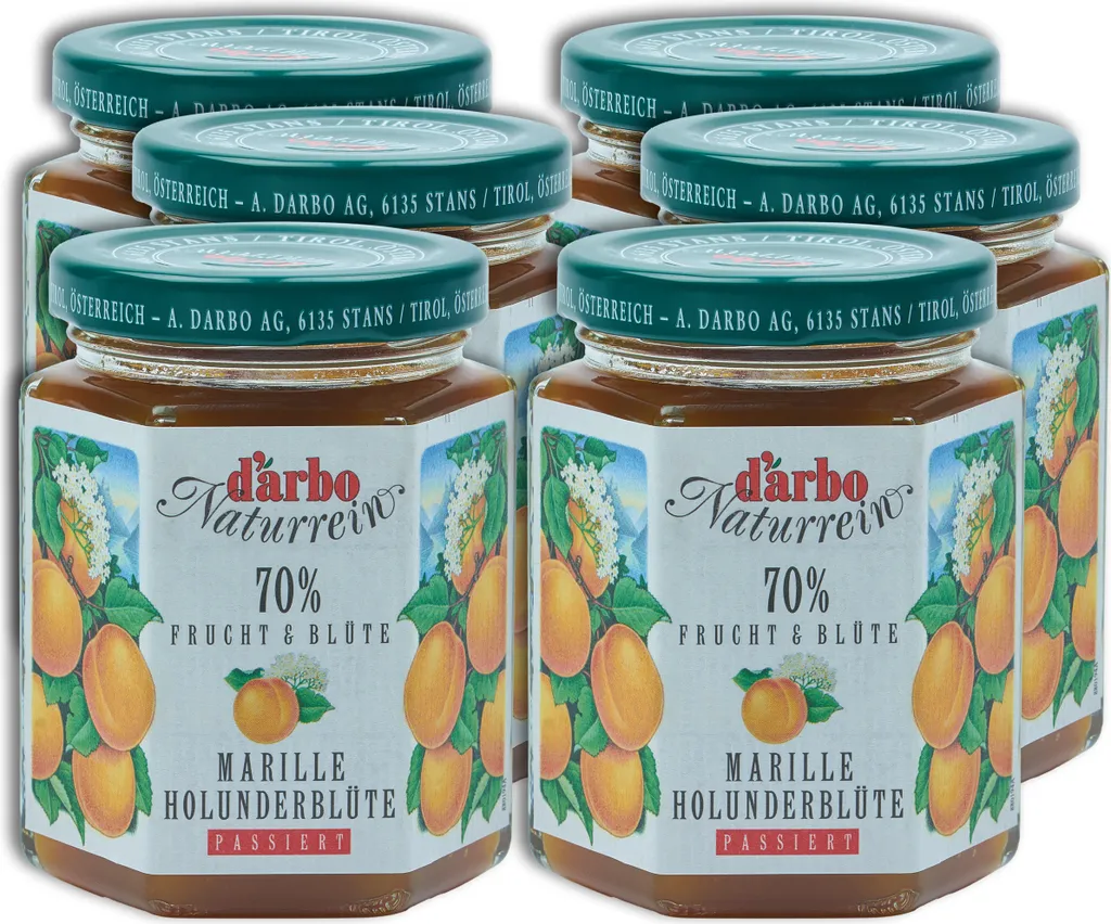 Food-United FRUCHTAUFSTRICH DARBO Marille mit Holunderblüten Extrakt 6x 200g Glas Naturrein Aprikose fruchtiger fruit spread perfekt für Brot und Brötchen Frühstück Kuchen Torten Gebäck Quark Porridge Puddings Eiscremes Füllungen
