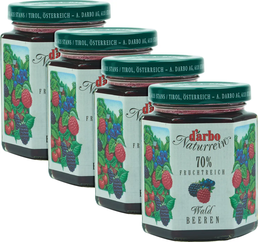 Food-United FRUCHTAUFSTRICH DARBO Waldbeeren 4x 200g Glas Naturrein Waldbeere fruchtiger fruit spread perfekt für Brot und Brötchen Kuchen Torten Frühstück Gebäck Quark Porridge Puddings Eiscremes Füllungen