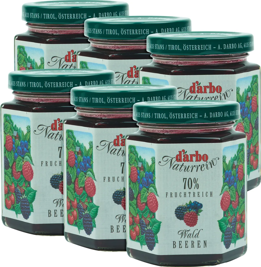 Food-United FRUCHTAUFSTRICH DARBO Waldbeeren 6x 200g Glas Naturrein Waldbeere fruchtiger fruit spread perfekt für Brot und Brötchen Kuchen Torten Frühstück Gebäck Quark Porridge Puddings Eiscremes Füllungen