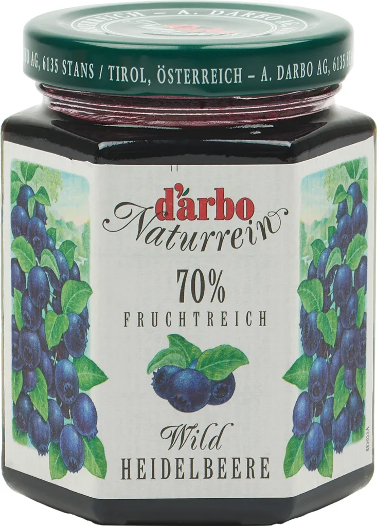Food-United FRUCHTAUFSTRICH DARBO Wild-Heidelbeere 200g Glas Naturrein Blaubeere fruchtiger fruit spread perfekt für Brot und Brötchen Kuchen Torten Frühstück Gebäck Quark Porridge Puddings Eiscremes Füllungen