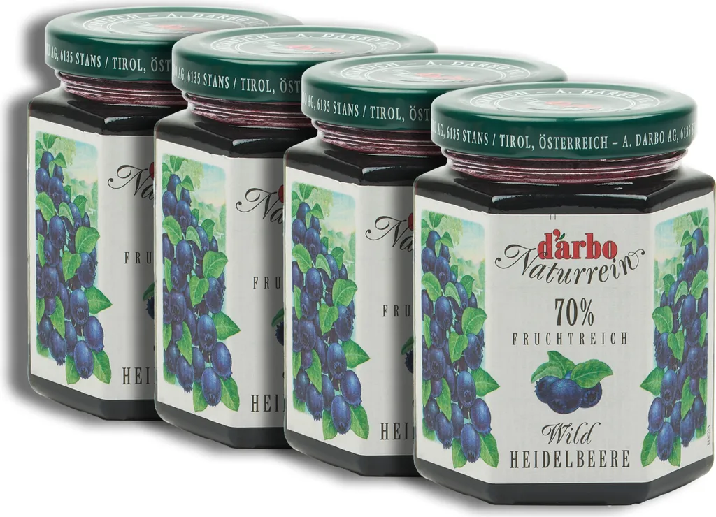 Food-United FRUCHTAUFSTRICH DARBO Wild-Heidelbeere 4x 200g Glas Naturrein Blaubeere fruchtiger fruit spread perfekt für Brot und Brötchen Kuchen Torten Frühstück Gebäck Quark Porridge Puddings Eiscremes Füllungen