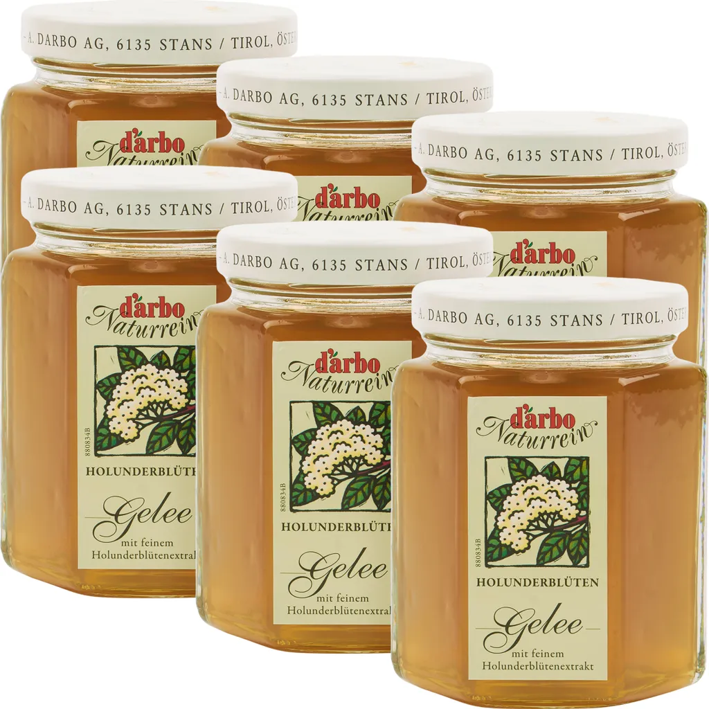 Food-United GELEE aus Holunderblüten-Extrakt von DARBO Naturrein 6x 200g Glas fruchtig und veganer Brot-Frucht-Aufstrich Holunderblütengelee perfekt für Füllungen Brot und Brötchen Kuchen Porridge Pudding Frühstück Gebäck Eiscreme Torten
