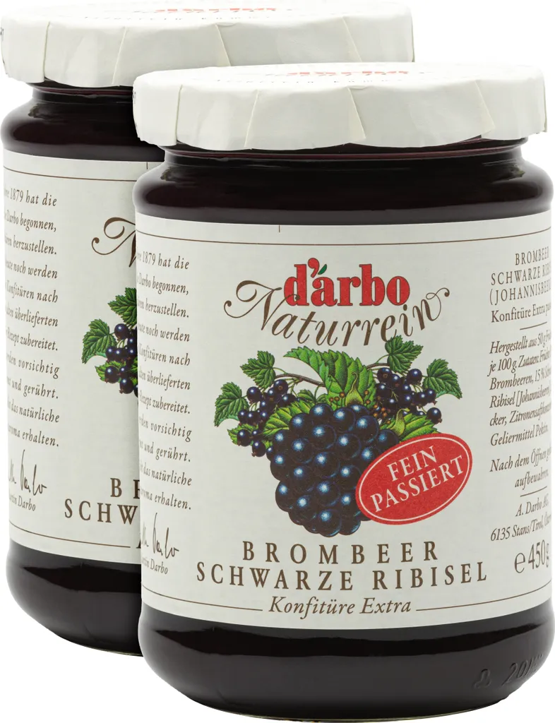 Food-United KONFITÜRE-EXTRA Brombeer-Ribisel schwarz passiert 2x 450g von DARBO Naturrein Brombeerkonfitüre mit schwarzen Johannisbeeren perfekt für Brot und Brötchen Füllungen Kuchen Frühstück Puddings Gebäck