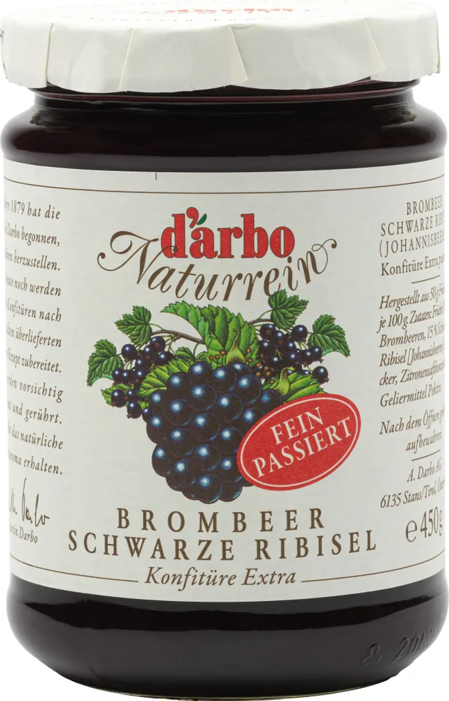 Food-United KONFITÜRE-EXTRA Brombeer-Ribisel schwarz passiert 450g von DARBO Naturrein Brombeerkonfitüre mit schwarzen Johannisbeeren perfekt für Brot und Brötchen Füllungen Kuchen Frühstück Puddings Gebäck