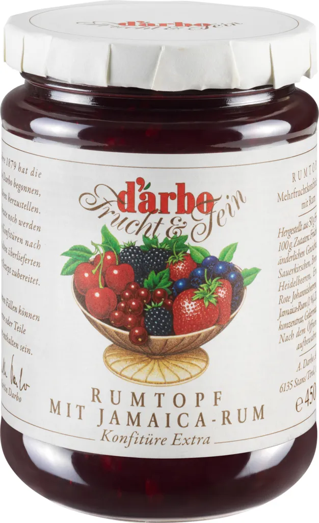 Food-United KONFITÜRE-EXTRA mit Alkohol 1% Jamaica Rum 6x 450g von DARBO Naturrein Rumtopf-Konfitüre fruchtiger rum pot jam  perfekt für Brot und Brötchen Früchte-Füllungen-Kuchen Torten Quark Porridge Puddings Eiscremes Gebäck
