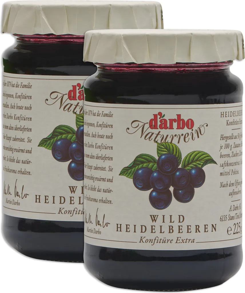 Food-United KONFITÜRE-EXTRA Single wilde Blaubeeren 2x 225g von DARBO Heidelbeerkonfitüre blueberry jam perfekt für Waldbeer-Füllungen-Kuchen Brot und Brötchen Frühstück Schwarzbeer-Quark-Porridge Pudding