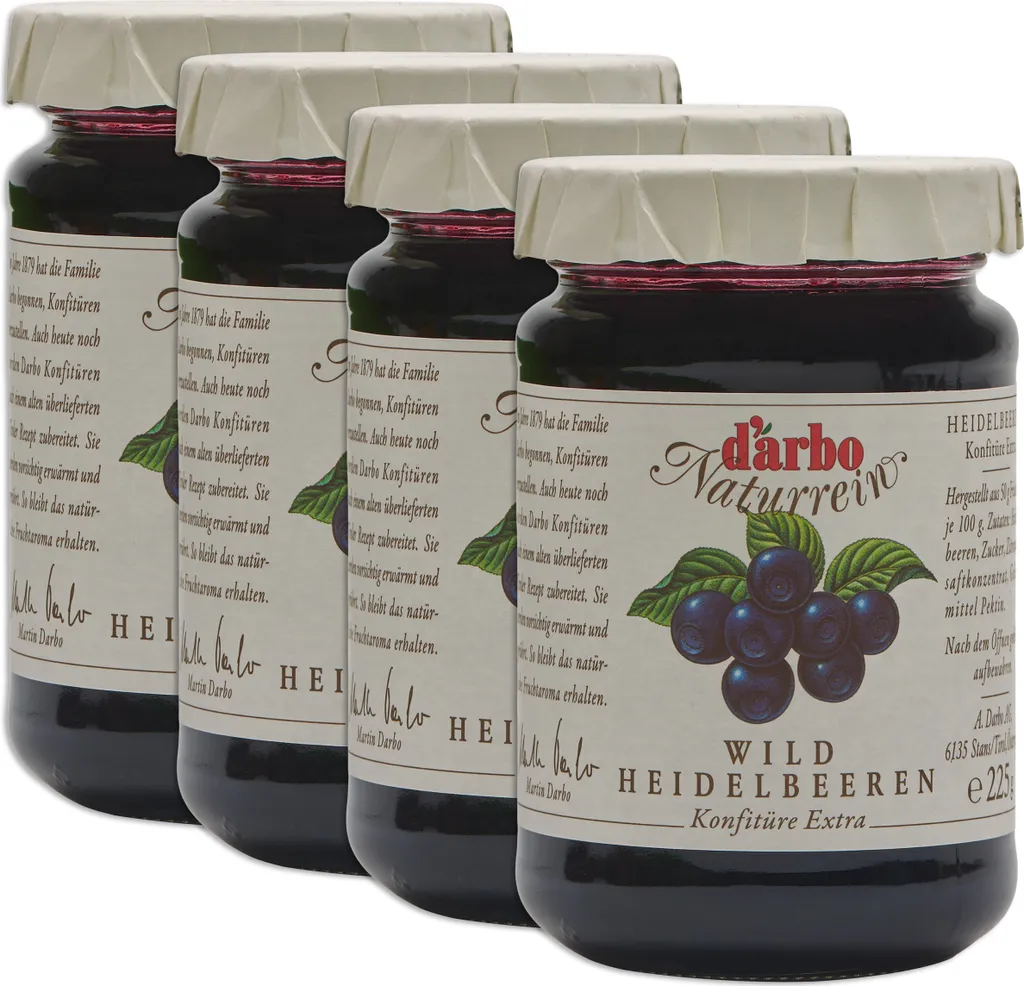 Food-United KONFITÜRE-EXTRA Single wilde Blaubeeren 4x 225g von DARBO Heidelbeerkonfitüre blueberry jam perfekt für Waldbeer-Füllungen-Kuchen Brot und Brötchen Frühstück Schwarzbeer-Quark-Porridge Pudding