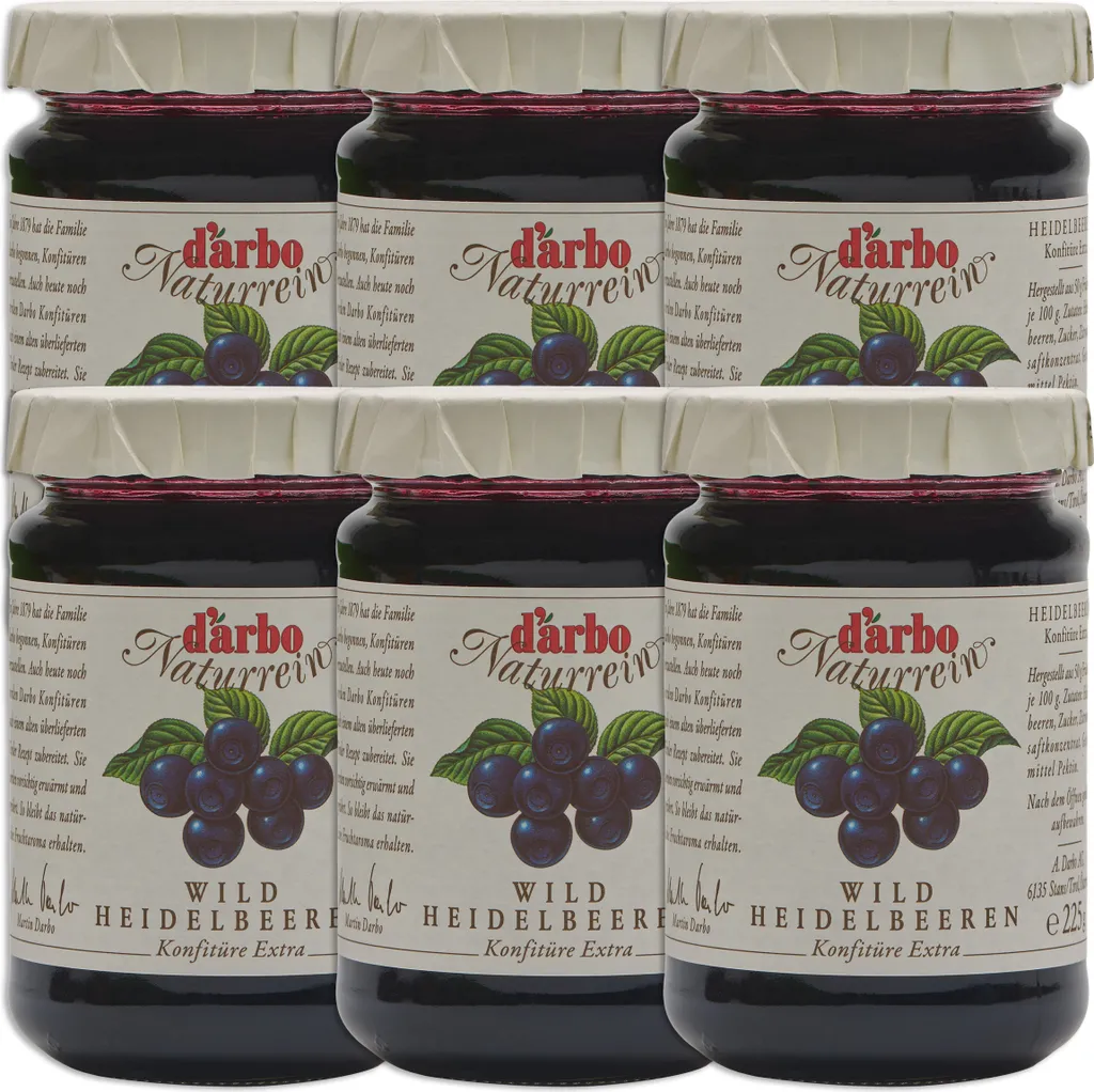 Food-United KONFITÜRE-EXTRA Single wilde Blaubeeren 6x 225g von DARBO Heidelbeerkonfitüre blueberry jam perfekt für Waldbeer-Füllungen-Kuchen Brot und Brötchen Frühstück Schwarzbeer-Quark-Porridge Pudding