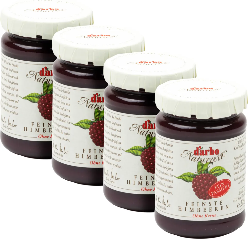 Food-United KONFITÜRE-EXTRA Singles Himbeere fein passiert 4x 225g von DARBO Himbeerkonfitüre fruchtiger raspberry fruit jam perfekt für Himbeer-Füllungen-Kuchen Frühstück Single-Frühstück Brot und Brötchen Porridge Puddings Gebäck