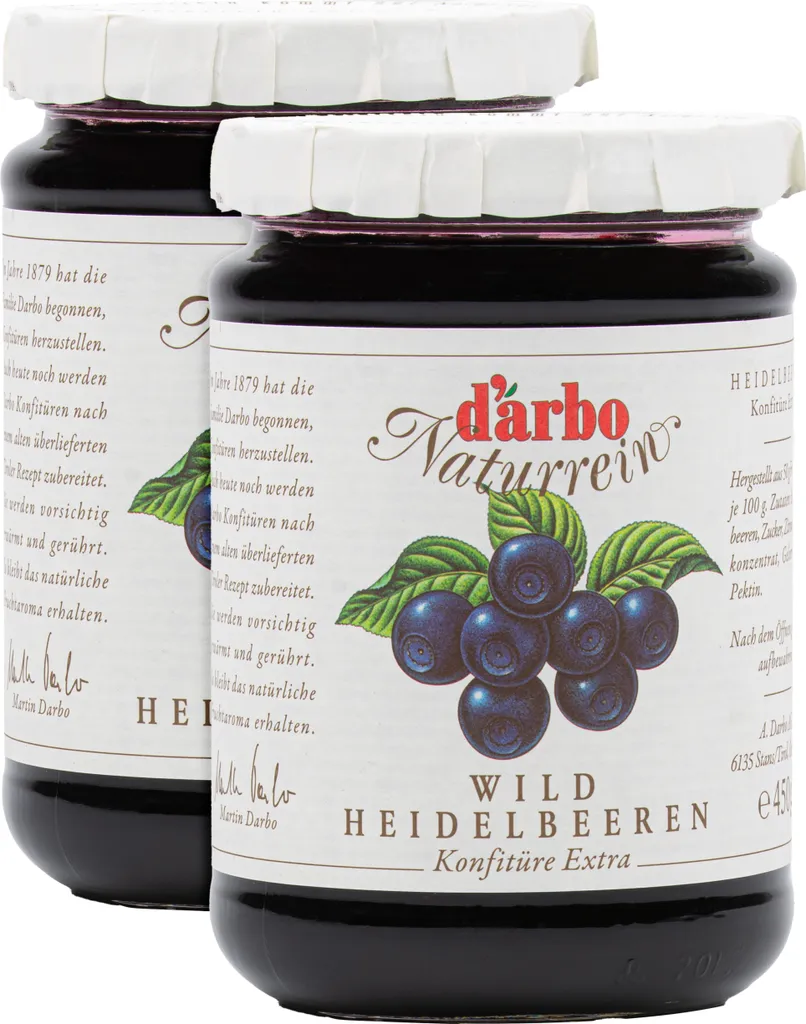 Food-United KONFITÜRE-EXTRA wilde Blaubeeren 2x 450g von DARBO Naturrein Heidelbeerkonfitüre blueberries fruit jam perfekt für Brot und Brötchen Waldbeer-Füllungen-Kuchen Frühstück Schwarzbeer-Quark-Porridge Pudding Eiscreme Gebäck