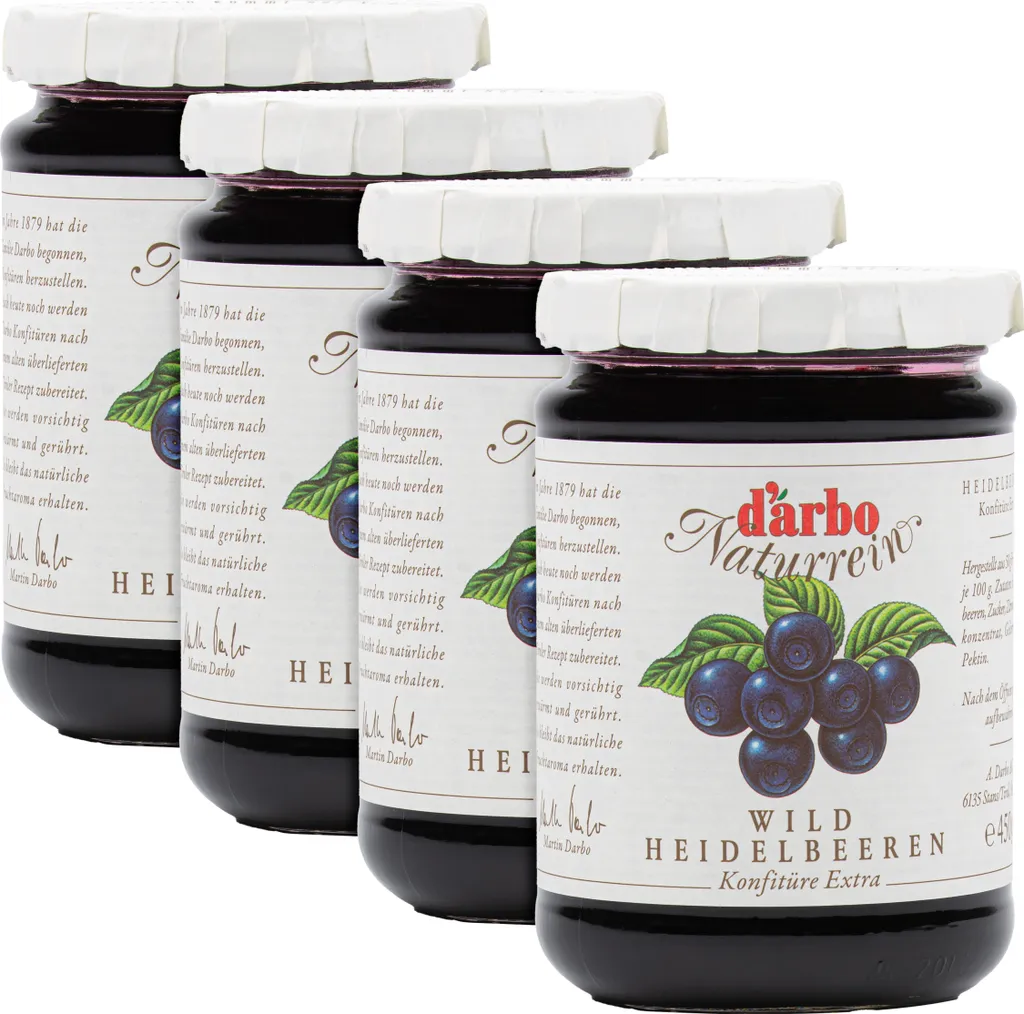 Food-United KONFITÜRE-EXTRA wilde Blaubeeren 4x 450g von DARBO Naturrein Heidelbeerkonfitüre blueberries fruit jam perfekt für Brot und Brötchen Waldbeer-Füllungen-Kuchen Frühstück Schwarzbeer-Quark-Porridge Pudding Eiscreme Gebäck