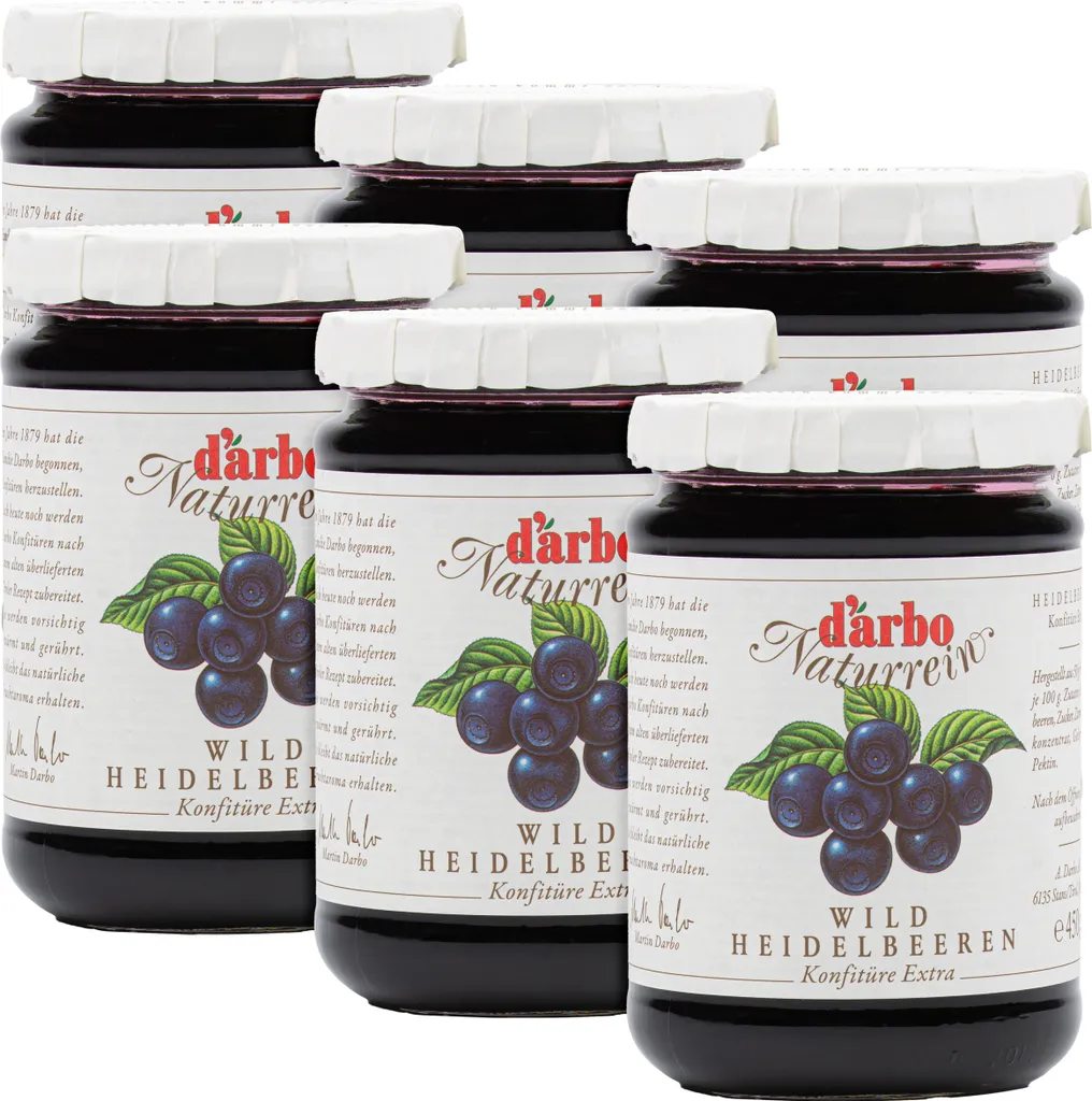 Food-United KONFITÜRE-EXTRA wilde Blaubeeren 6x 450g von DARBO Naturrein Heidelbeerkonfitüre blueberries fruit jam perfekt für Brot und Brötchen Waldbeer-Füllungen-Kuchen Frühstück Schwarzbeer-Quark-Porridge Pudding Eiscreme Gebäck
