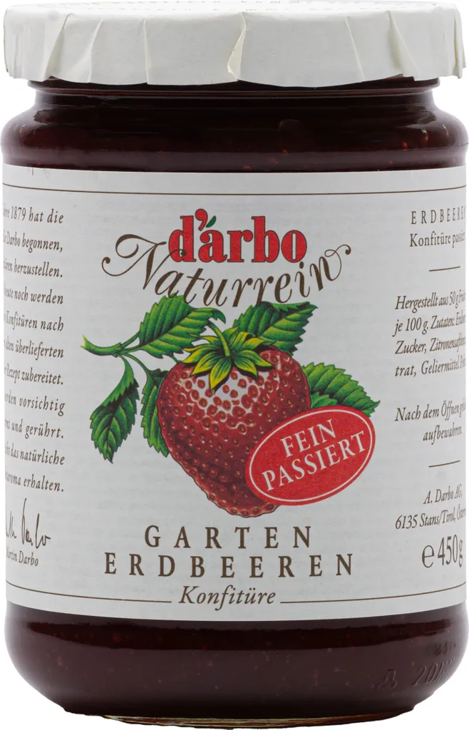 Food-United KONFITÜRE Gartenerdbeere-Erdbeere passiert 450g von DARBO Naturrein fruchtiger strawberry jam perfekt für Brot und Brötchen Erdbeerkuchen Frühstück Quark Porridge Puddings Eiscremes Füllungen Gebäck
