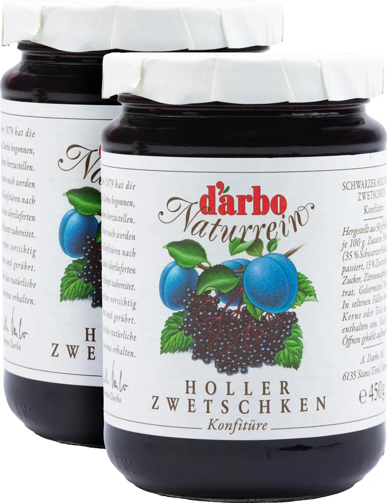 Food-United KONFITÜRE HOLLER-ZWETSCHKE 2x 450g von DARBO Naturrein Holunder-Zwetschken-Konfitüre elder plum fruit jam perfekt für Brot und Brötchen Zwetschgen-Füllungen-Kuchen Frühstück Holunder-Quark-Porridge Pudding Gebäck Eiscreme