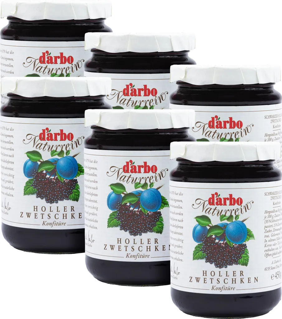 Food-United KONFITÜRE HOLLER-ZWETSCHKE 6x 450g von DARBO Naturrein Holunder-Zwetschken-Konfitüre elder plum fruit jam perfekt für Brot und Brötchen Zwetschgen-Füllungen-Kuchen Frühstück Holunder-Quark-Porridge Pudding Gebäck Eiscreme