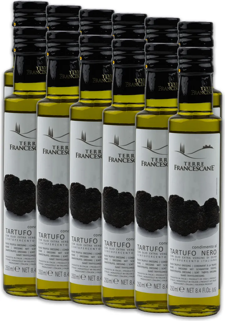 Food-United Trüffel-Öl 12x 250ml von TERRE FRANCESCANE extra natives Olivenöl mit schwarzem Trüffel-Aroma Premium-Trüffelöl aus Italien für Feinschmecker-innen und Gourmetküche