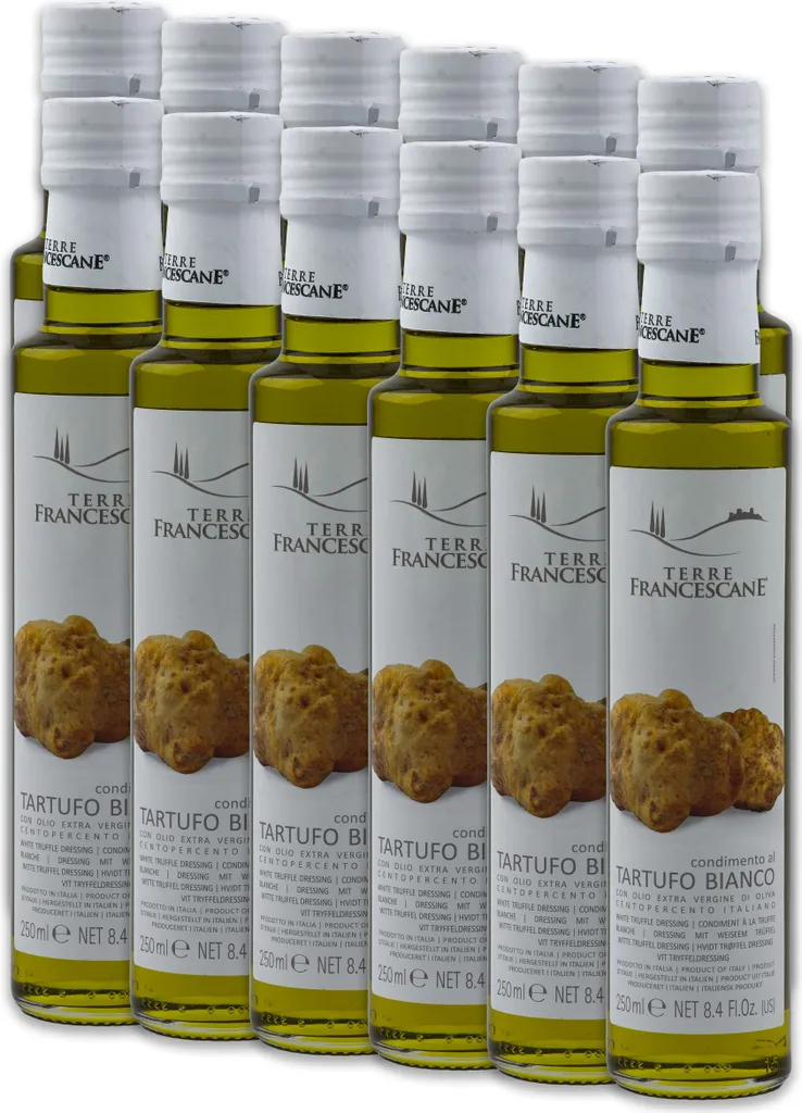 Food-United Weißer Trüffel-Öl 12x 250ml von TERRE FRANCESCANE extra Natives Olivenöl mit weißem Trüffel-Aroma Premium-Trüffelöl aus Italien für Feinschmecker-innen und Gourmetküche