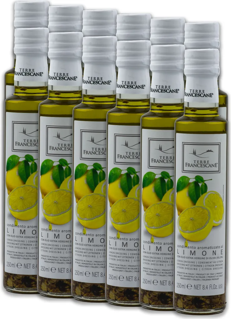 Food-United Zitronen-Öl 12x250ml von TERRE FRANCESCANE Extra Natives Olivenöl mit Zitronen-Aroma Premium-Dressing-Öl aus Italien für Feinschmecker-innen und mediterrane Küche