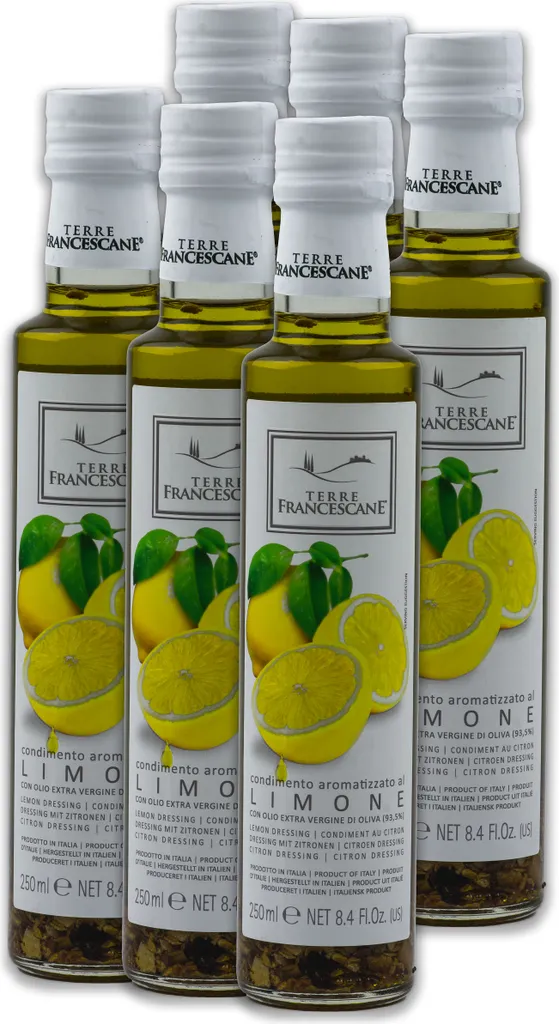 Food-United Zitronen-Öl 6x250ml von TERRE FRANCESCANE Extra Natives Olivenöl mit Zitronen-Aroma Premium-Dressing-Öl aus Italien für Feinschmecker-innen und mediterrane Küche