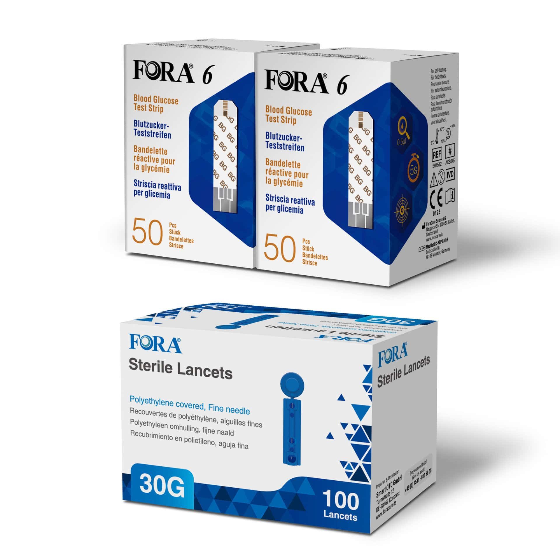 FORA 6 Glukoseteststreifen + FORA Lanzetten 30G - The Tester