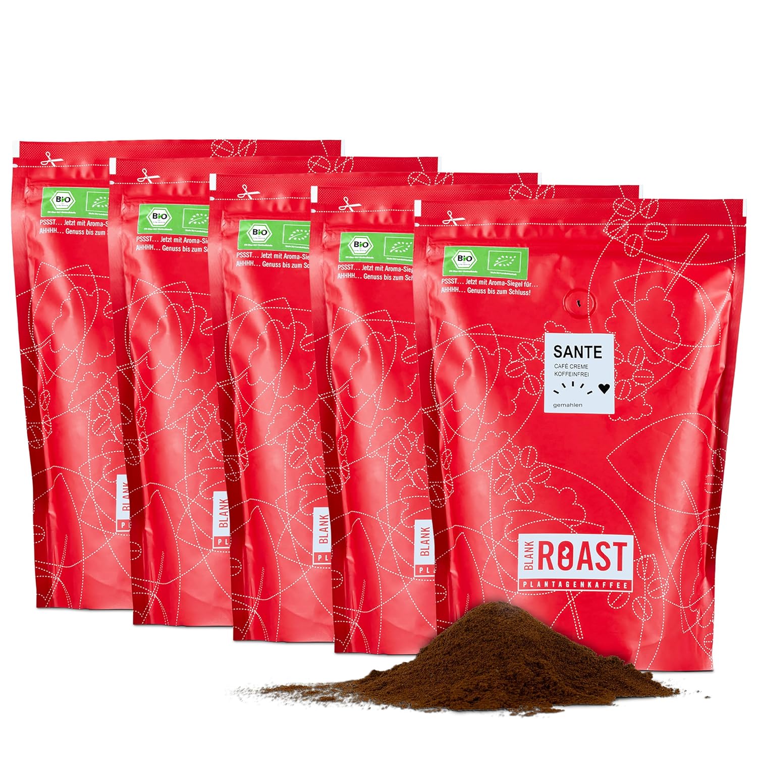 Blank Roast - SANTE - 1 kg (Pack of 5) - Organic Coffee Ground & Caffeine-free - 100% Arabica from Peru - Gentle & Environmentally Friendly Decaffeinated - Low Acid with Full Crema - For Any Type of
