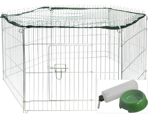 Hexagonal outdoor enclosure with nylon net, drinking bottle and food bowl 112x98x56 cm silver