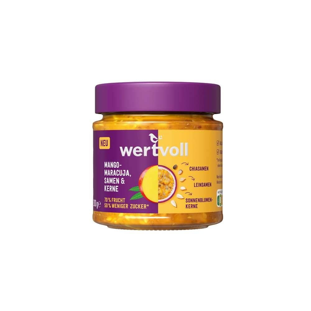 Mango-passion fruit spread, seeds & kernels