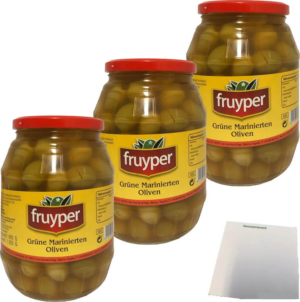 Fruyper Green Olives Marinated with Stone 3-pack (3x600g Jar ATG) + usy Block