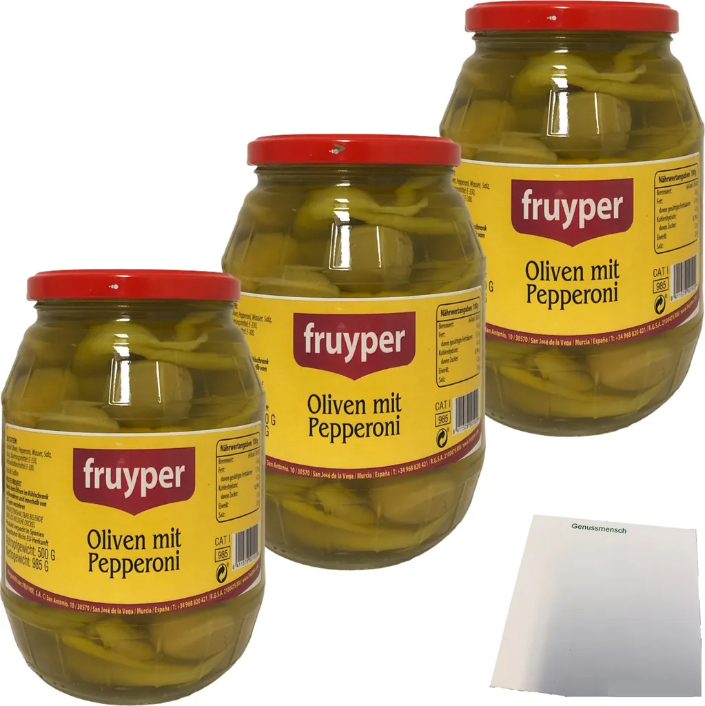 Fruyper green olives with stones and pepperoni 3-pack (3x500g jar ATG) + usy block
