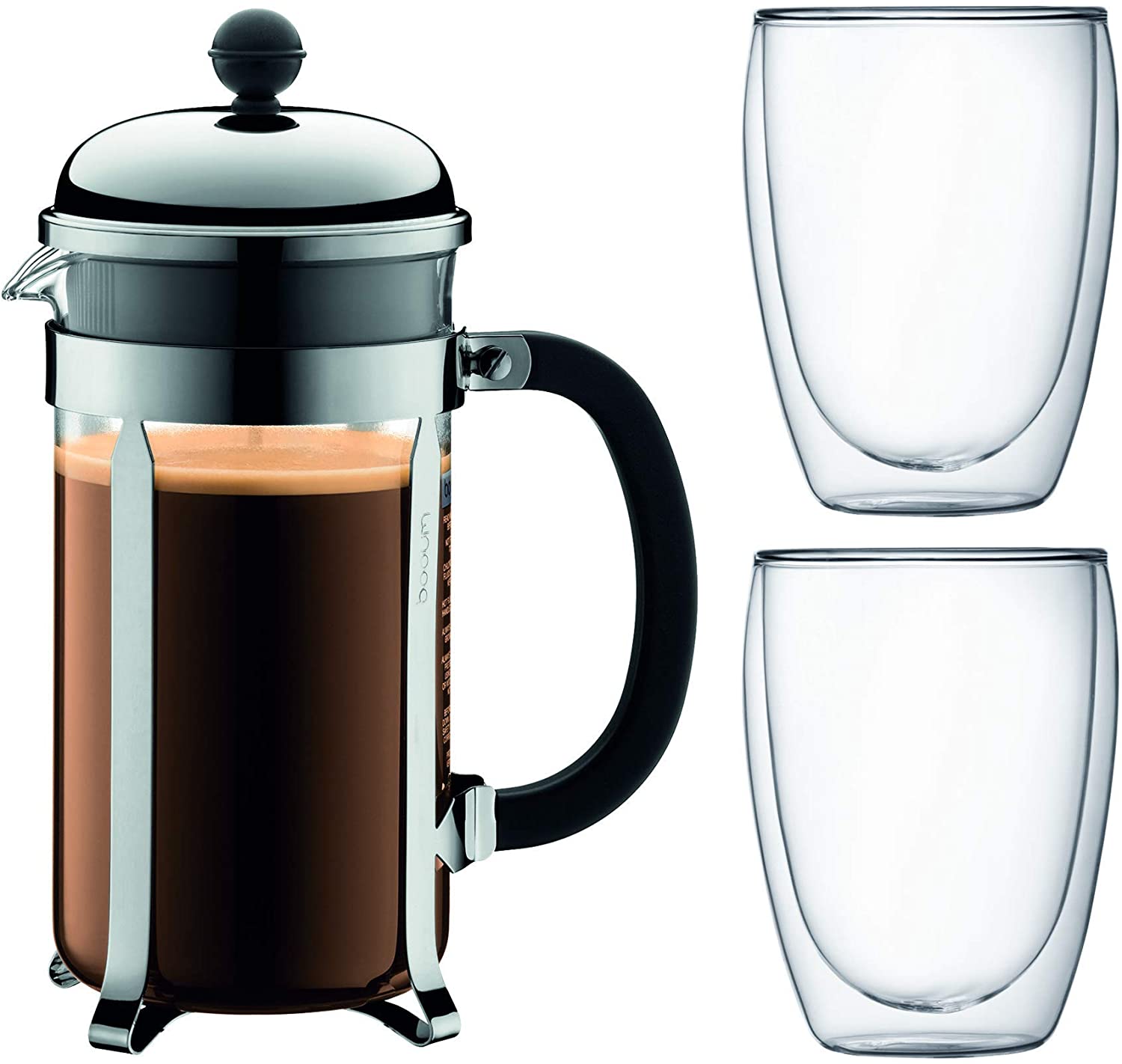 Bodum K1928-16-1 CHAMBORD Set Coffee Maker, 8 Cups, 1.0 l and 2 Double-Walled Glasses 0.35 l Polycarbonate