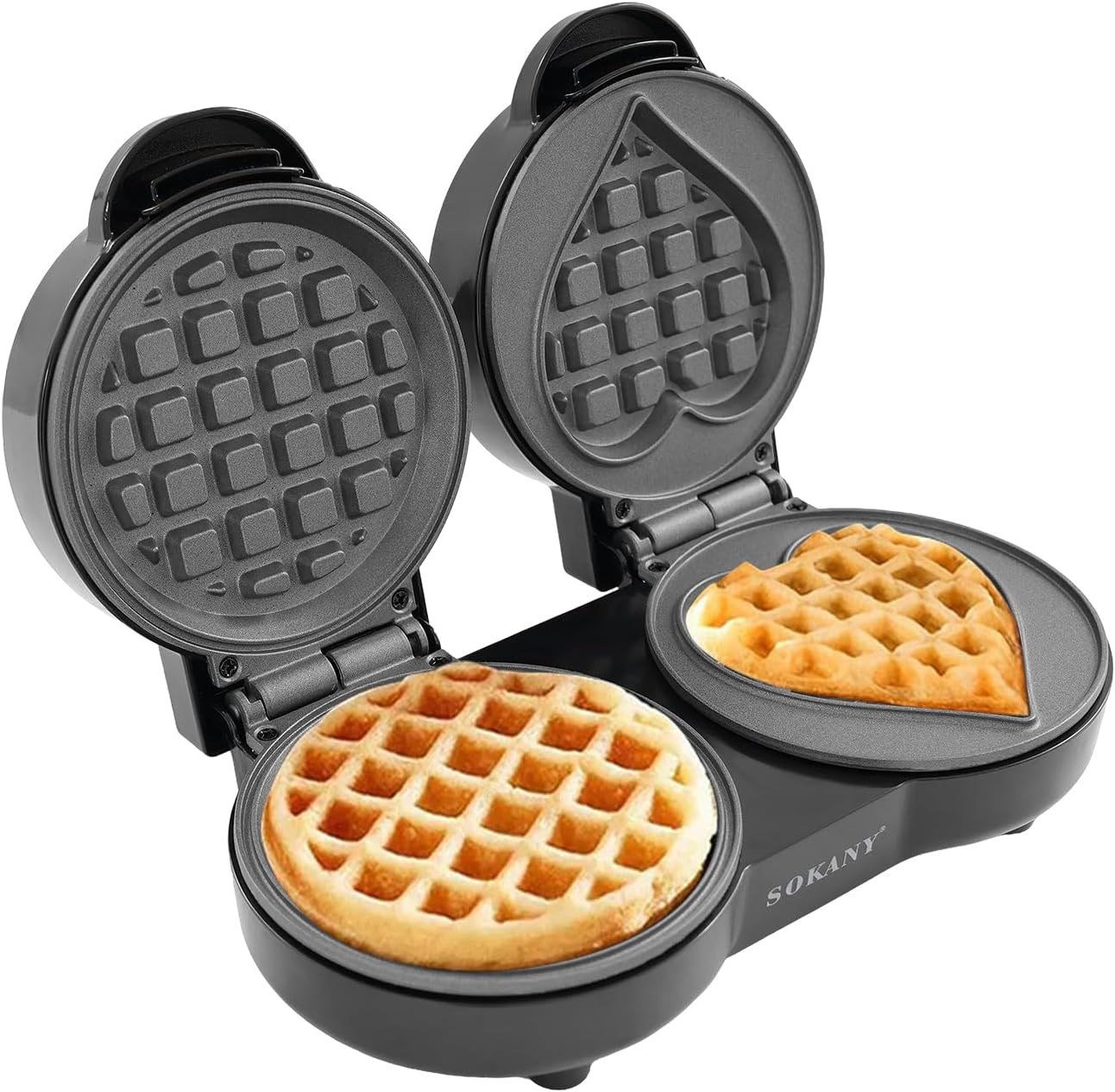 Waffle machine, electric mini heart waffle iron, heart-shaped and circular waffles in two shapes simultaneously roasting, non-stick coating, interesting