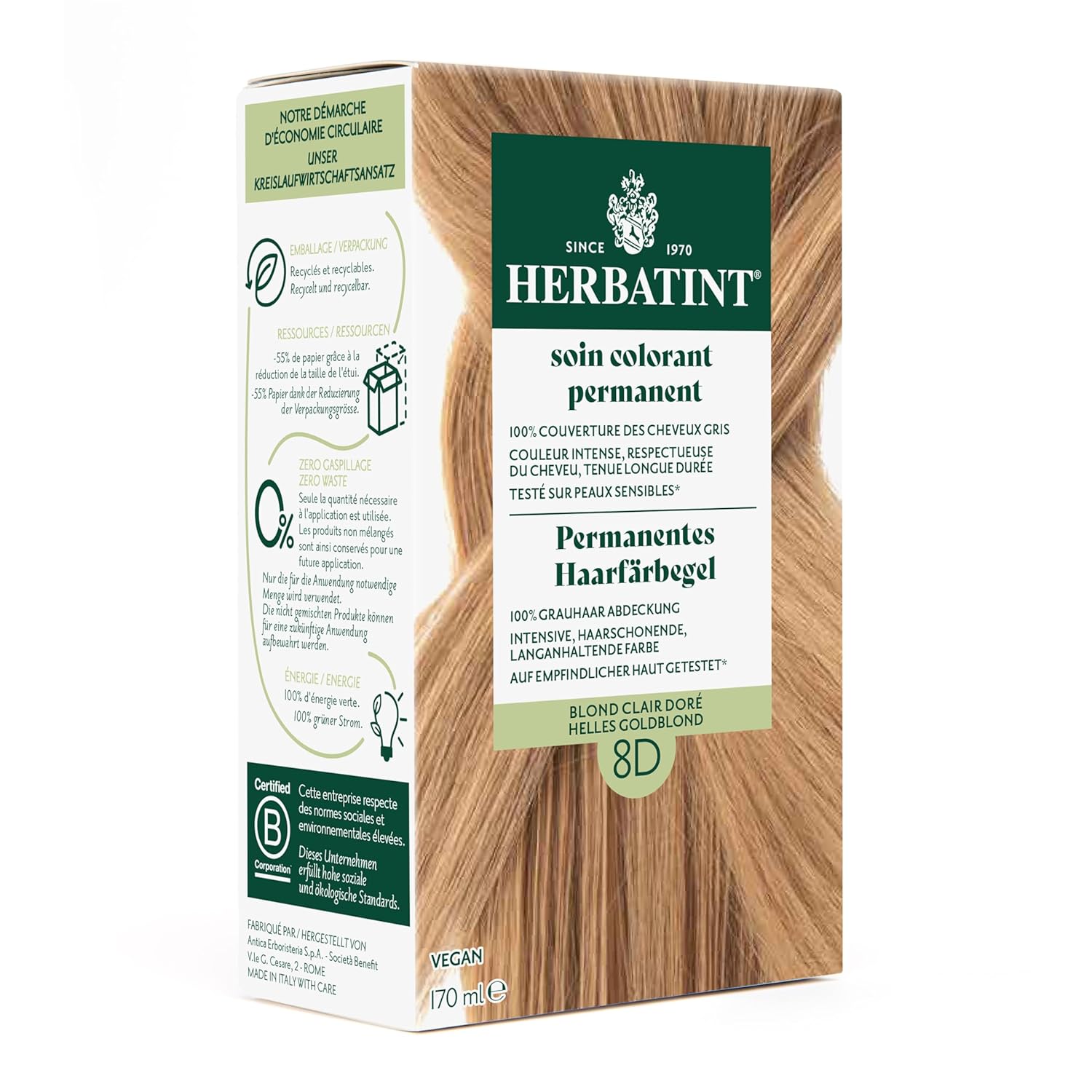 Herbatint Permanent Hair Dye Gel, 8D Light Golden Blonde - 170 ml, No Ammonia, Optimal Gray Hair Coverage, Tested for Sensitive Skin, with 8 Plant Extracts