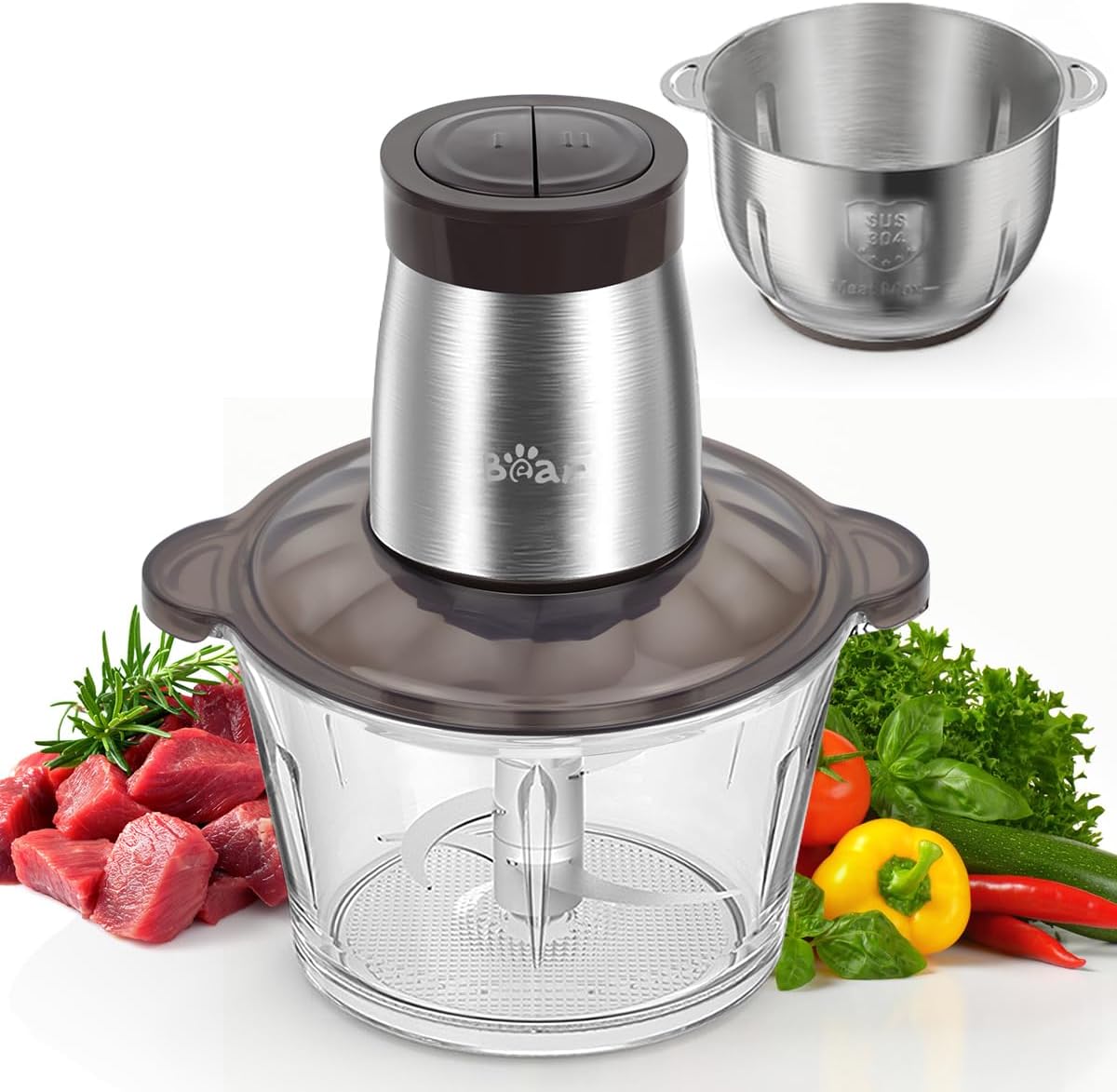 Bear 2 L + 1.8 L Electric Mini Chopper 600 W 2 Speed ​​Levels Chopper with 4 Stainless Steel Blades and Meat Grinder, Glass Container Chopper for Meat, Baby Food, Fruit, Vegetables