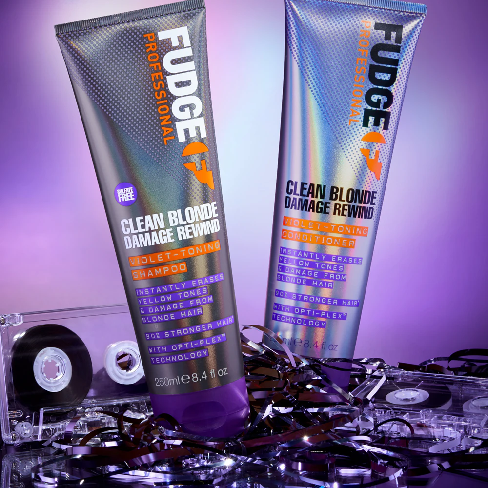 Fudge Clean Blonde Damage Rewind silver shampoo and tint shampoo for blonde and mixed hair
