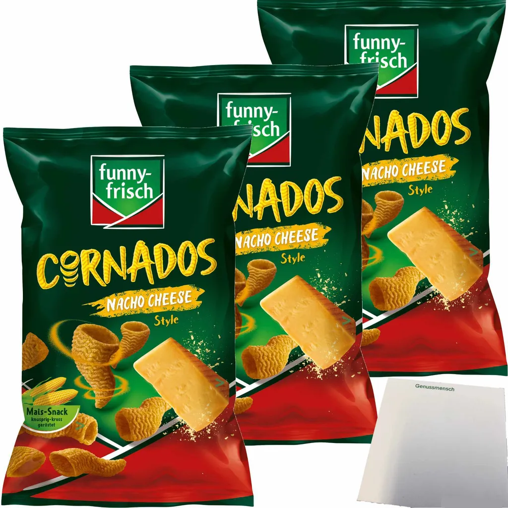 funny-frisch Cornados Nacho Cheese Style 3er Pack (3x80g Packung) + usy Block