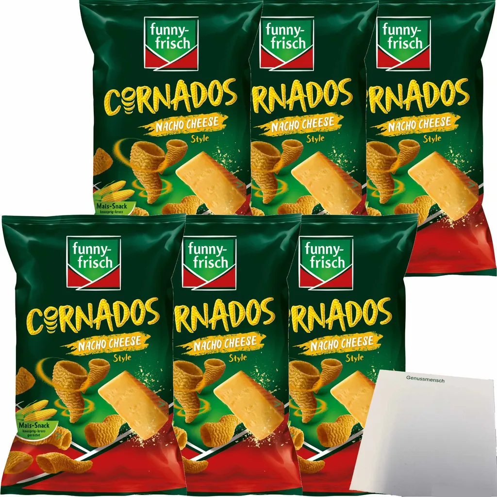 funny-frisch Cornados Nacho Cheese Style 6er Pack (6x80g Packung) + usy Block